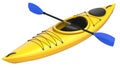 Yellow plastic kayak with blue paddle. 3D render, isolated on white background. Royalty Free Stock Photo