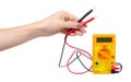 Yellow plastic multimeter, electric tester tool. Isolated on white