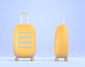 Yellow plastic suitcase with wheels, front and side view. Travel bag for carry baggage isolated on blue background