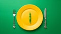 Yellow plate with only a green pea with fork and knife on each side green background. Generative Ai Royalty Free Stock Photo