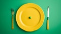 Yellow plate with only a green pea with fork and knife on each side green background. Generative Ai Royalty Free Stock Photo