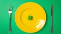Yellow plate with only a green pea with fork and knife on each side green background. Generative Ai Royalty Free Stock Photo