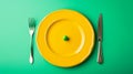 Yellow plate with only a green pea with fork and knife on each side green background. Generative Ai Royalty Free Stock Photo