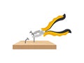 Yellow pliers pull the nails out of the wooden plank. Vector illustration on white background.
