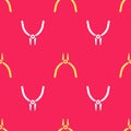 Yellow Pliers tool icon isolated seamless pattern on red background. Pliers work industry mechanical plumbing tool