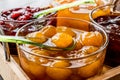 Yellow Plum jam in glass bowl with spoon and various marmalades Royalty Free Stock Photo