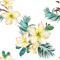 Yellow plumeria flowers and exotic palm leaves on white background. Seamless tropical pattern. Watercolor painting. Royalty Free Stock Photo