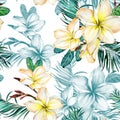 Yellow plumeria flowers and green palm leaves on white background. Seamless tropical pattern. Watercolor painting. Hand painted f Royalty Free Stock Photo