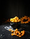 Yellow plums with sunflower on the black background. Ingredients for a jam. Food photography. Yellow sunflowes Royalty Free Stock Photo