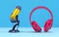 Yellow PODCAST Microphone and pink headphone on blue background. Entertainment and online video conference concept. 3D Royalty Free Stock Photo