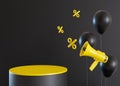 Yellow podium with black balloons, megaphone and discount signs. Black friday sale. Special offer, good price, deal