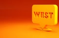 Yellow Pointer to wild west icon isolated on orange background. Western signboard, message board, signpost for finding
