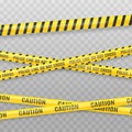 Yellow police tape isolated on transparent background. Crime scene tape  illustration. Vector illustration Royalty Free Stock Photo