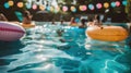 Yellow pool float, ring floating in a refreshing blue swimming pool Royalty Free Stock Photo