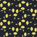 Yellow poppies and cute little bugs on dark background, vector seamless pattern. Summer collection of fabrics