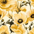 Vibrant Yellow Poppies Pattern On Ivory Background - Realistic Victorian-inspired Illustrations