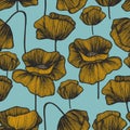 Yellow poppies on a turquoise background. Vector seamless pattern Royalty Free Stock Photo