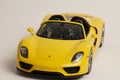 Yellow Porsche 918 Spyder model car right side view Royalty Free Stock Photo