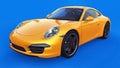 Yellow Porsche 911 three-dimensional raster illustration on a blue background. 3d rendering.