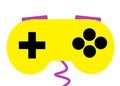 A yellow portable handheld game console with black buttons and bright pink transmitter and cable white backdrop