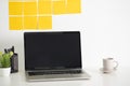 Yellow post note paper, memo paper on a screen laptop computer. scheduled for job or short note for work concep Royalty Free Stock Photo