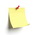 Yellow post-it note with red pushpin isolated on white background Royalty Free Stock Photo