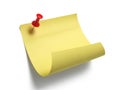 Yellow post-it note with red pushpin, isolated on white background Royalty Free Stock Photo