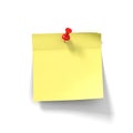 Yellow post-it note with red pushpin isolated on white background Royalty Free Stock Photo
