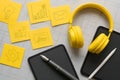 Art yellow post notes and gray taplad Royalty Free Stock Photo