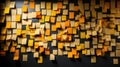 Yellow post-it notes on a wall. Shallow depth of field. Royalty Free Stock Photo