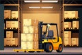 Yellow powerful forklift delivering boxes with goods to warehouse