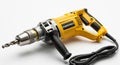 yellow powertools electric drill with black ergonomic handle and steel head featuring drill bit on white background Royalty Free Stock Photo