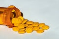 Yellow prescription pills spilled onto a table. Concept of opioid addiction and healthcare industry Royalty Free Stock Photo