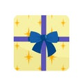 Yellow present with blue baw and ribbon. Flat, cartoon, vector