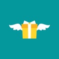 Yellow present box with ribbon and wings. simple icon isolated on blue background. present sign