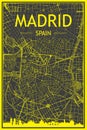 Hand-drawn panoramic city skyline poster with downtown streets network of MADRID, SPAIN Royalty Free Stock Photo