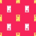 Yellow Prison cell door with grill window icon isolated seamless pattern on red background. Vector Illustration