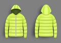 Yellow puffer jacket mockup set, vector isolated illustration. Realistic modern hooded down jacket, front and back view.