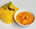 Yellow pulao and Prawn malai curry with coconut milk