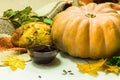 Yellow pumpkin, seeds, bread and oil in the bowl. Harvest on the table and fallen leaves. Fresh pumpking products