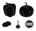 Yellow pumpkin, sweet red pepper, onion bitter, potatoes. Vegetables set collection icons in black style vector symbol