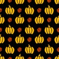 Yellow Pumpkins and Orange Roses Autumn themed Seamless Pattern Royalty Free Stock Photo