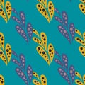 Yellow and purple colored nature abstract ornament seamless pattern. Bright blue background Royalty Free Stock Photo