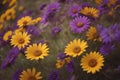 Yellow and purple daisies in a meadow in summer. ai generated Royalty Free Stock Photo