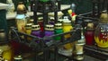 Yellow, purple and green lamps for funeral candles
