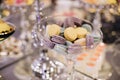 Yellow, purple, mint French macaroon on a festive dessert table