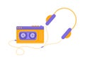 Yellow and purple retro audio player with headphones isolated on white background. Vector illustration Royalty Free Stock Photo