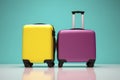 Yellow and purple rolling suitcases against green background. Generative AI