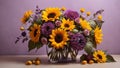 yellow purple sunflower potted purple background