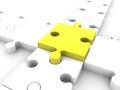Yellow puzzle piece as the intersection of white puzzle pieces Royalty Free Stock Photo